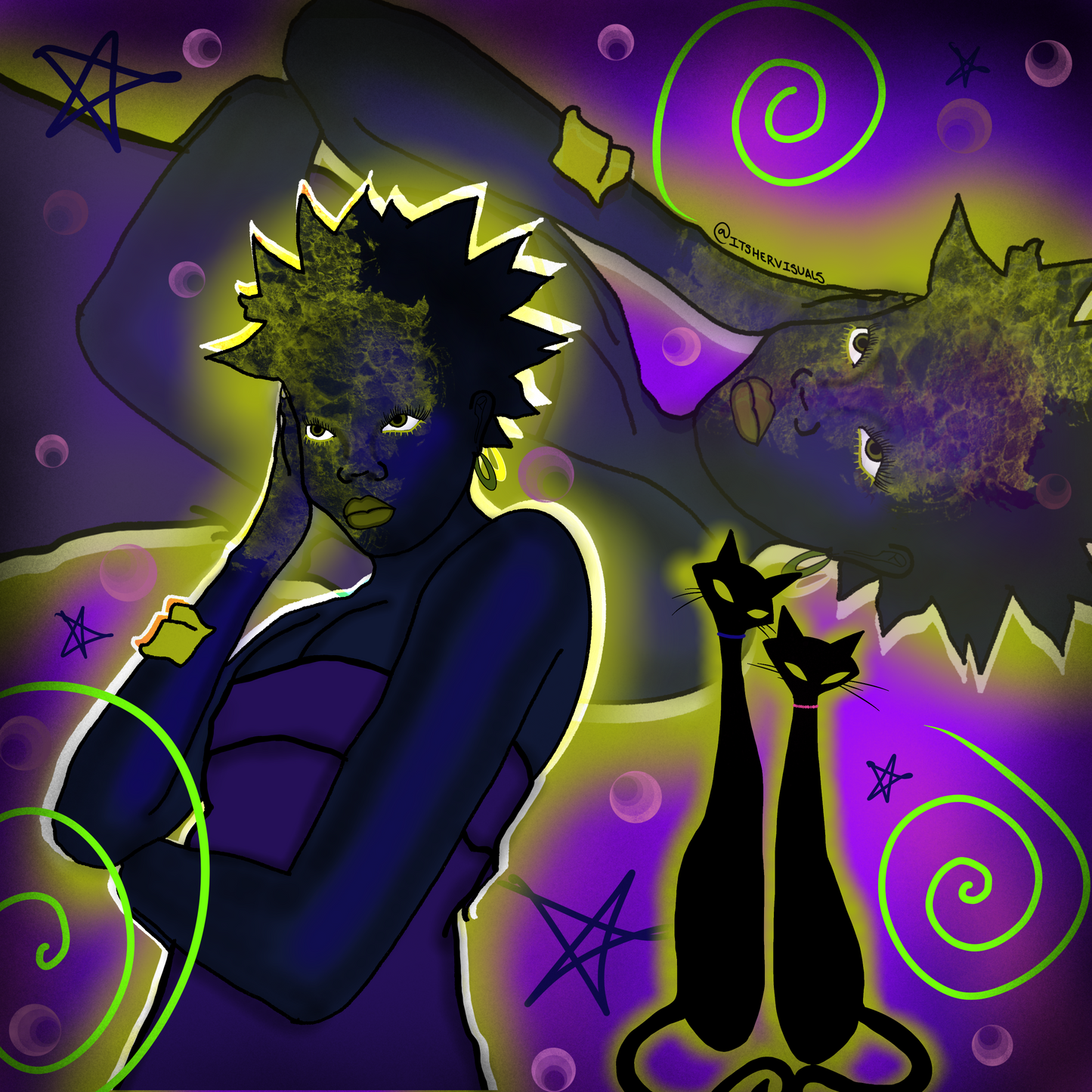 A colorful abstract art poster featuring a stylized female figure with a whimsical face and a pet cat. The background is filled with swirling patterns of green, purple, and yellow.