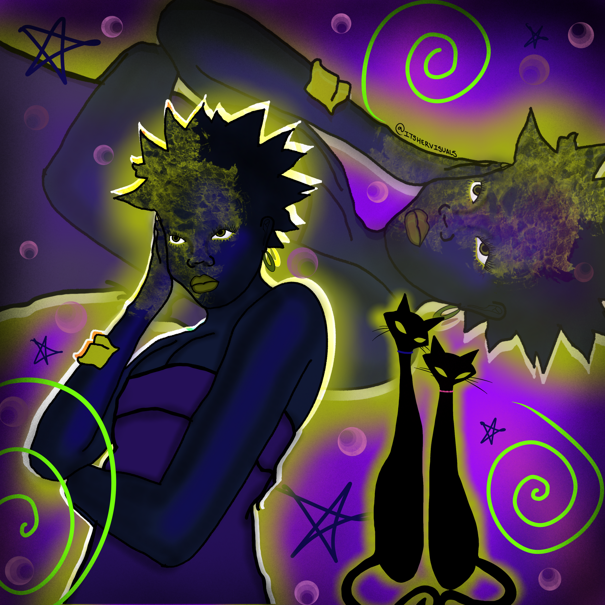 A colorful abstract art poster featuring a stylized female figure with a whimsical face and a pet cat. The background is filled with swirling patterns of green, purple, and yellow.